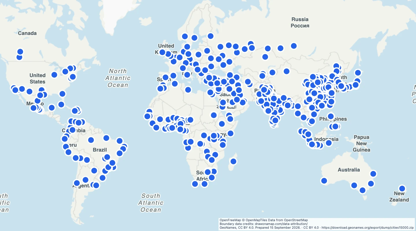 Map preview: World cities above one million people