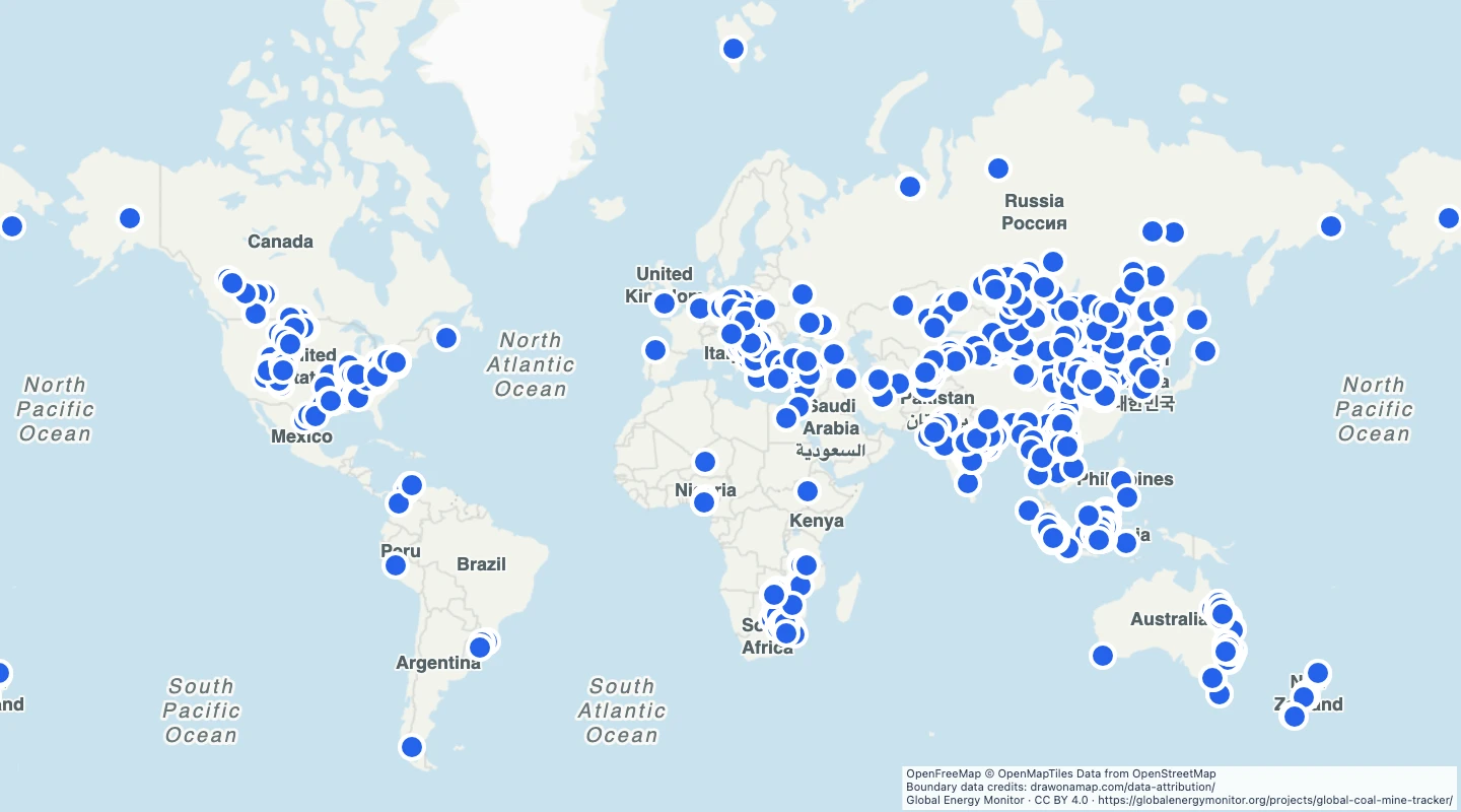 Map preview: World operating coal mines, GEM 2023 archive