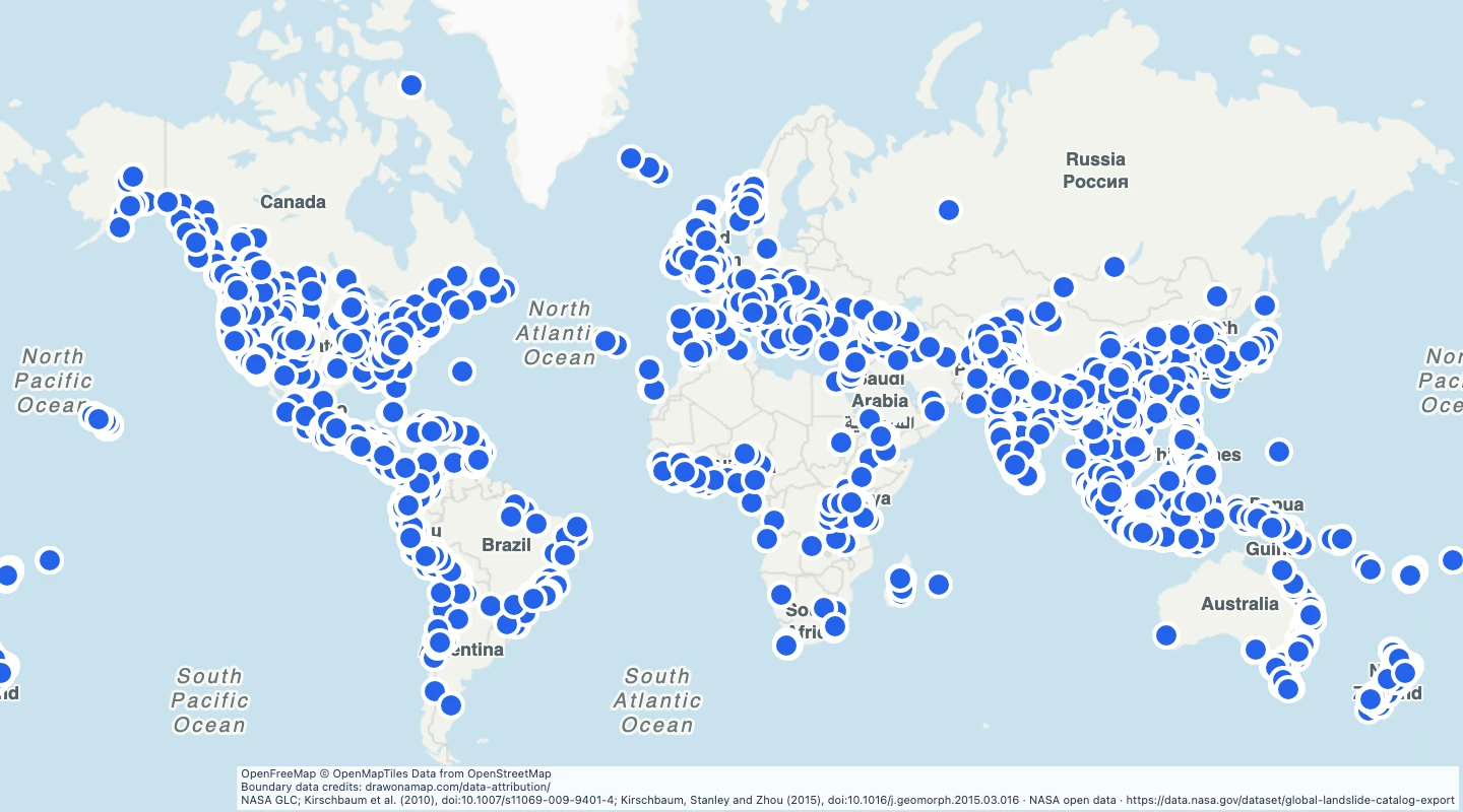Map preview: World recorded landslides, 2007–2017 archive