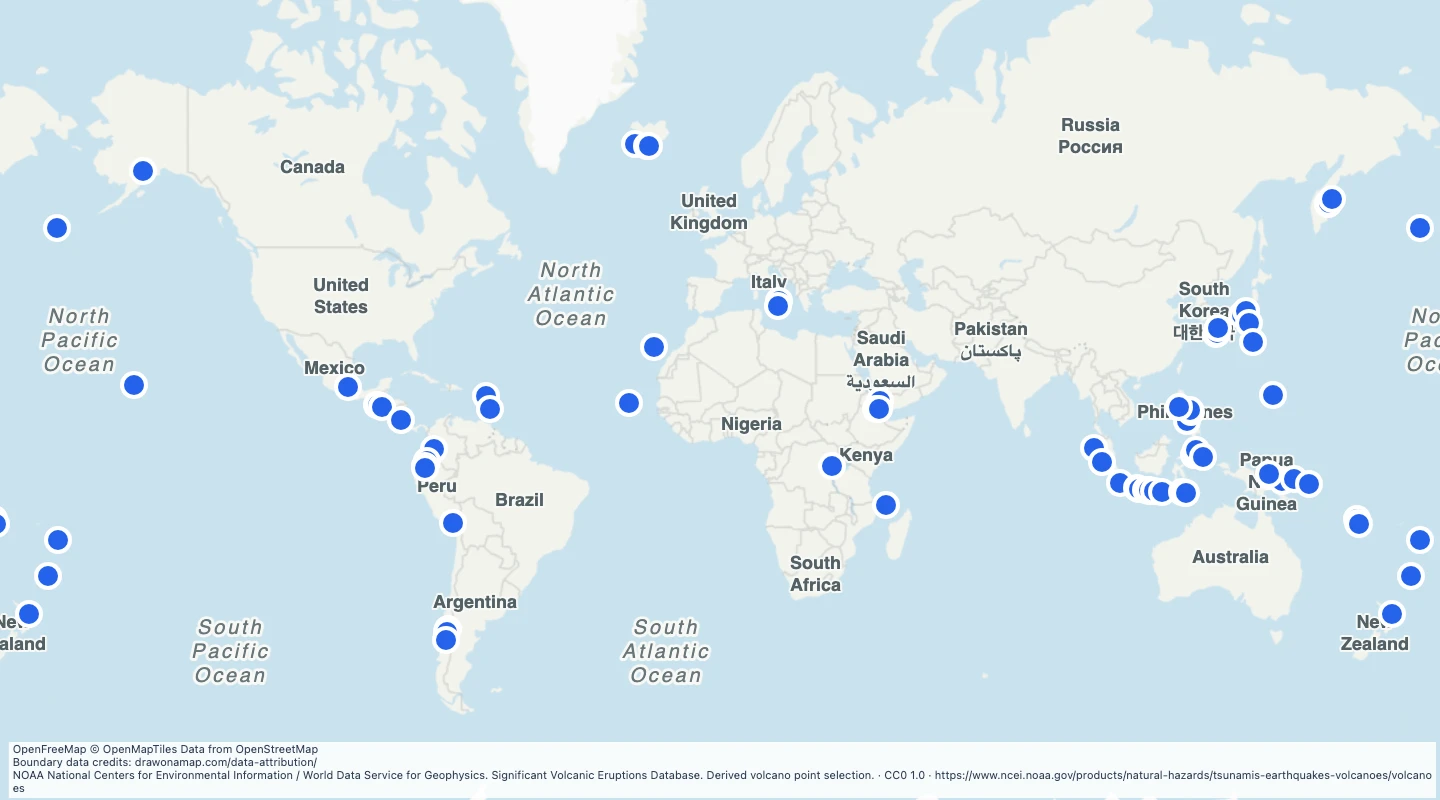Map preview: World volcanoes with significant eruptions in 2000 to 2025