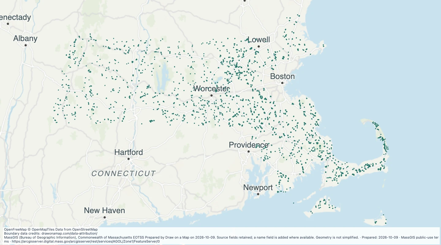 Map preview: Zone I public well protection areas in Massachusetts
